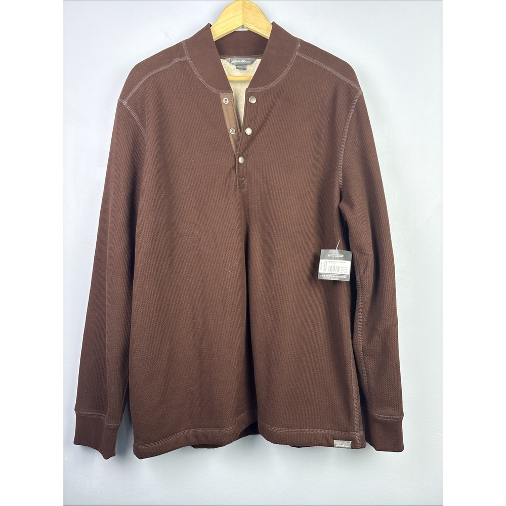 Eddie Bauer High Faux Shearling 3 Snap Henley Brown Large Long‎ Sleeve